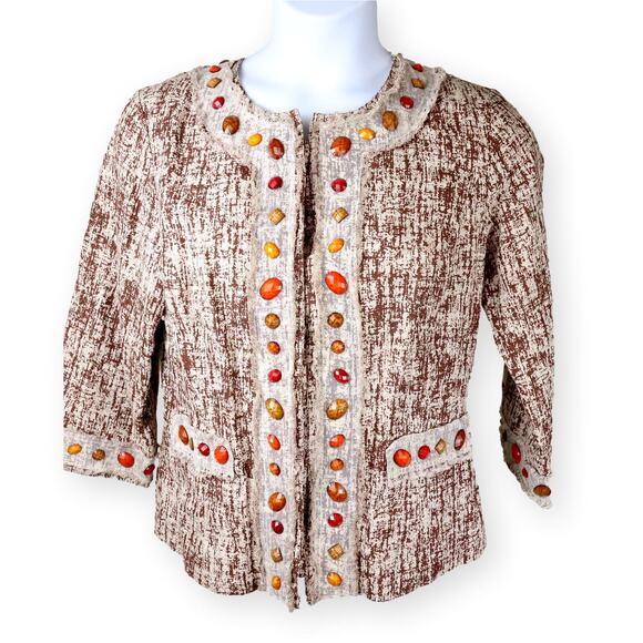 Just B Linen Brown Cream Fitted Jacket w/ Jewels.  XL - Picture 1 of 15